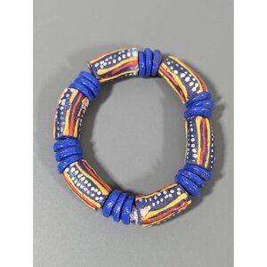African Krobo‎ Powder Glass BEad Bracelet Blue Yellow Red 7"